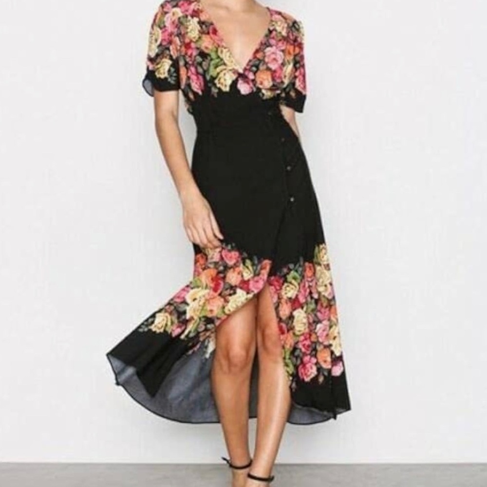 Free People Jaimie Dress Midi Floral Print Black Pink Yellow Button down Medium